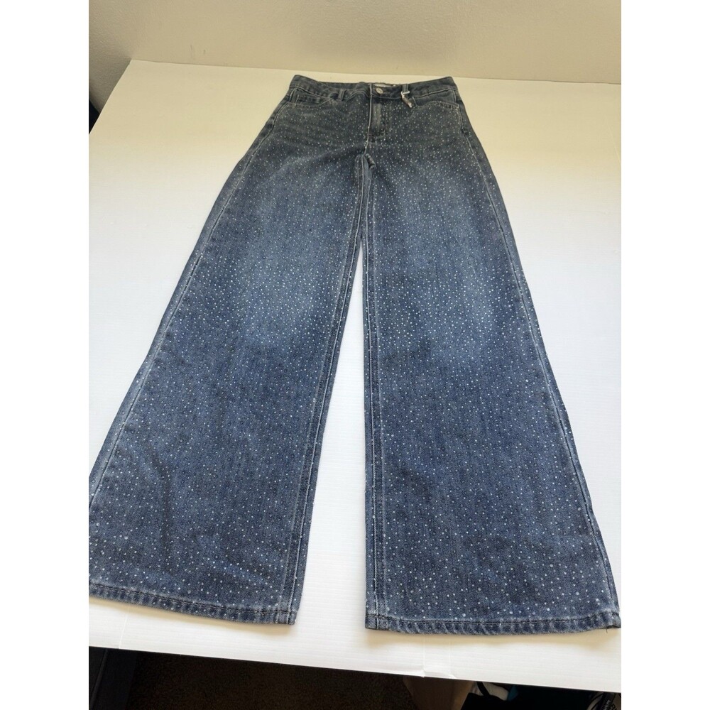 Tractr Girls Size 2 Wide Leg Jeans Blue Rhinestone Studded Denim Pants